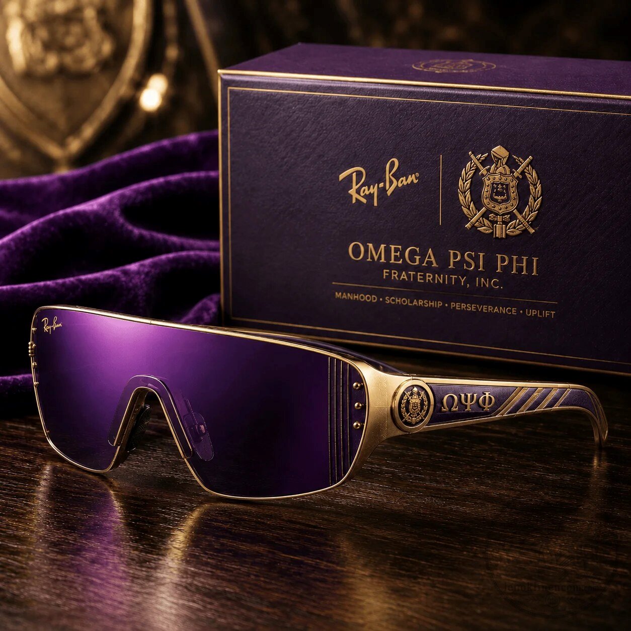 Omega Psi Phi Fraternity Ray-Ban Sunglasses with Gold Frame and Purple Lenses