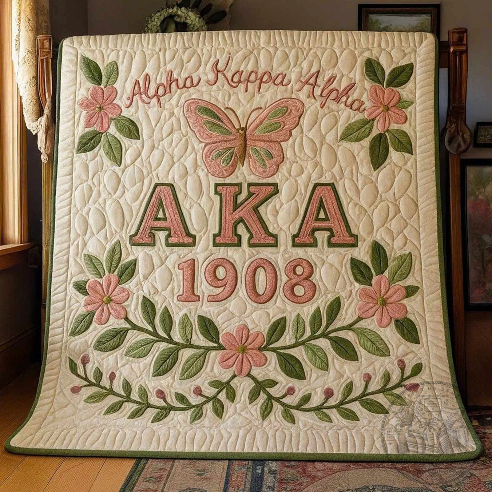 Alpha Kappa Alpha Sorority Quilted Bedding Set with Butterfly and Flowers