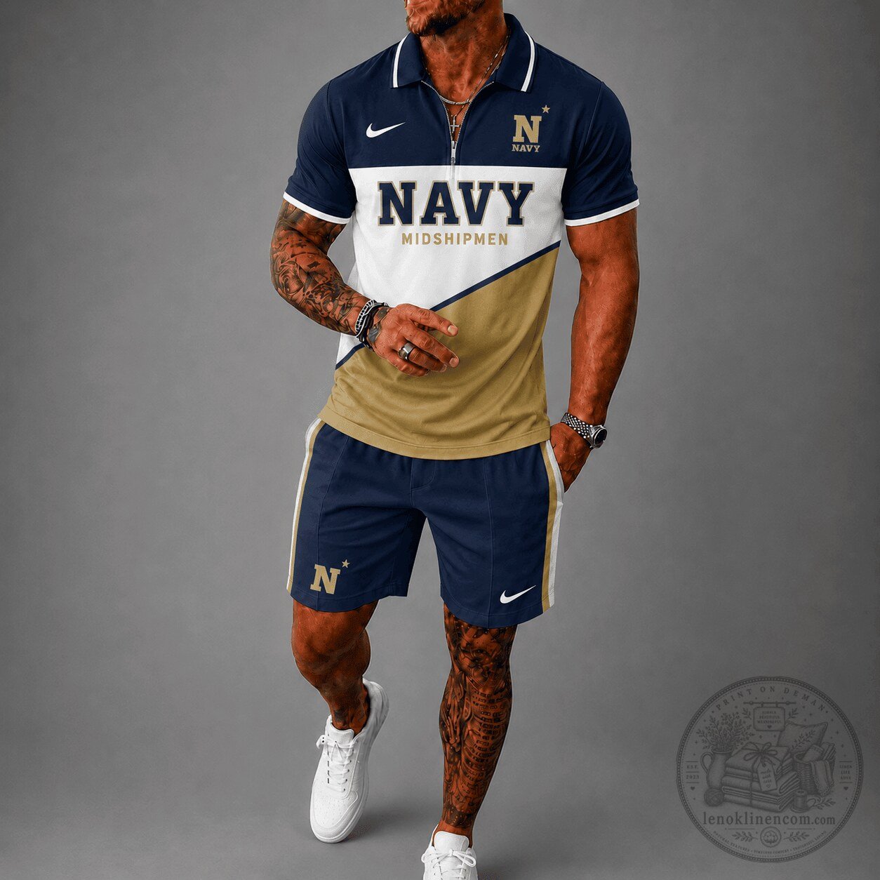 Navy Midshipmen Zipper Polo Shirt and Shorts Set for Men