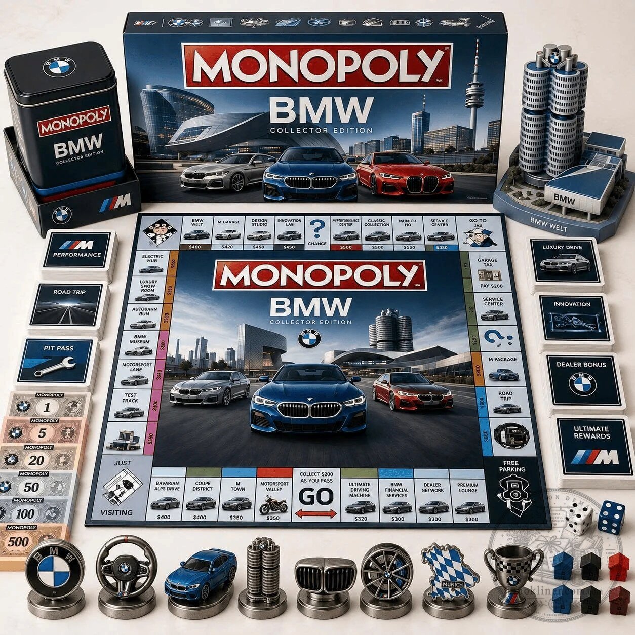 Collector's Edition BMW Monopoly Board Game Featuring Unique Tokens and Game Pieces