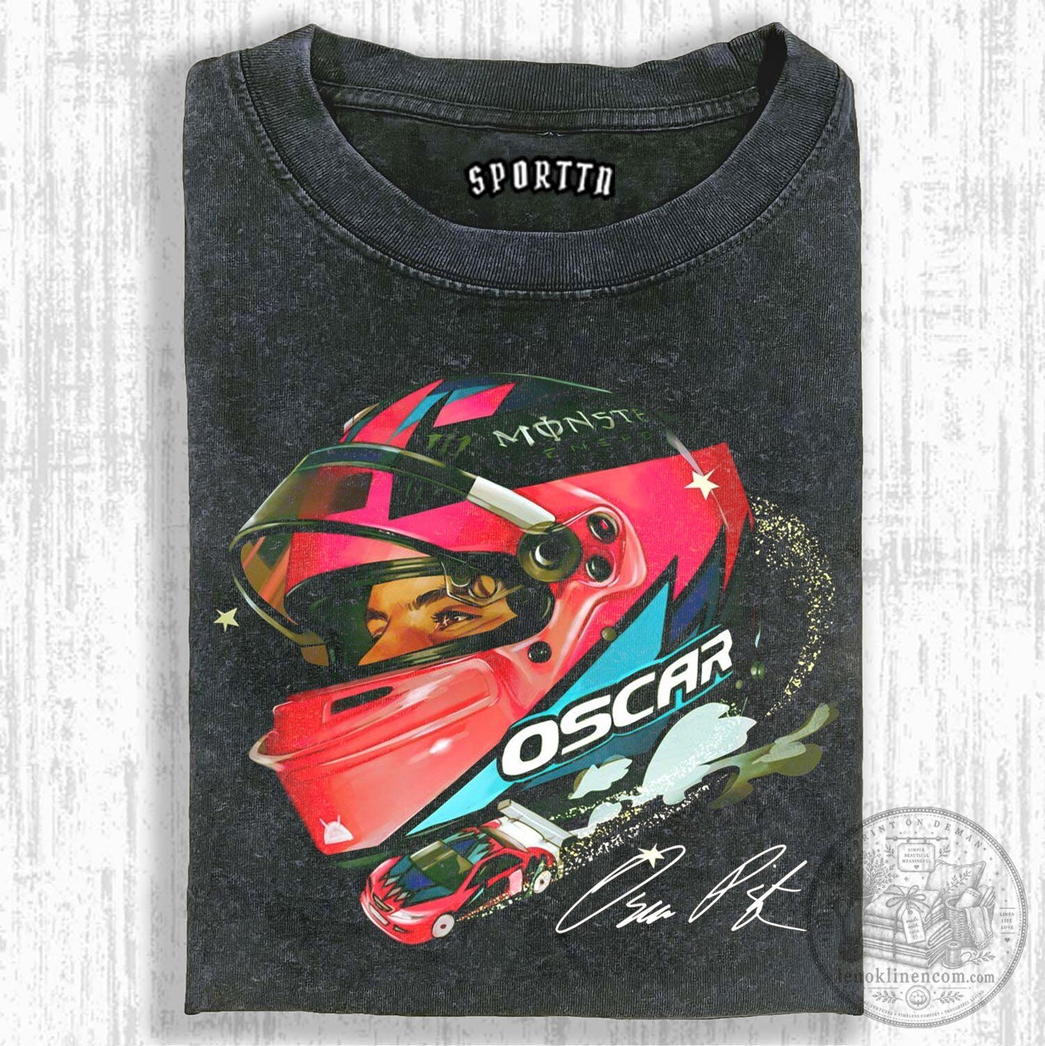 Oscar Piastri Formula One Racing Helmet and Car Graphic T-Shirt