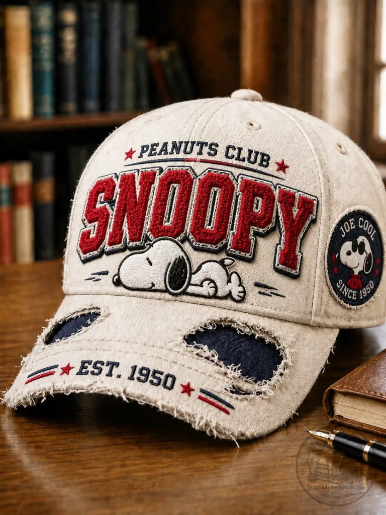 Snoopy Peanuts Club Distressed Embroidered Baseball Cap Hat