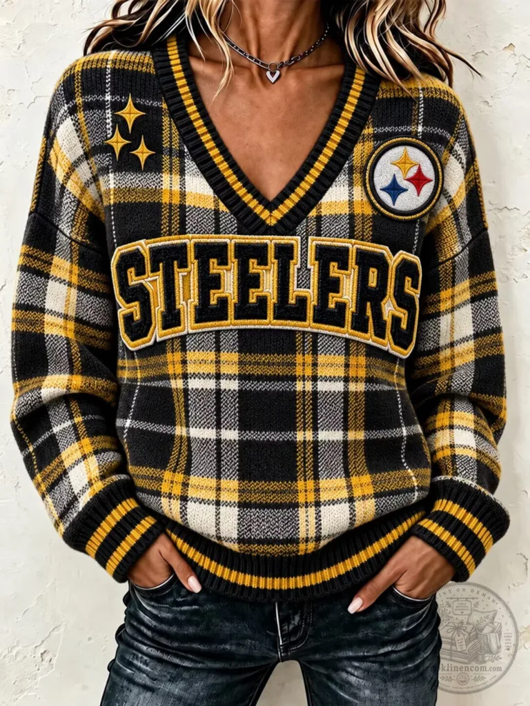 Pittsburgh Steelers Plaid Pattern V-Neck Long Sleeve Sweater