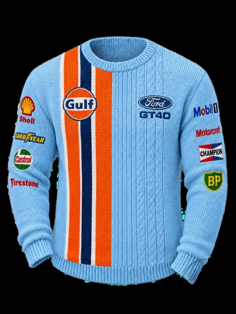 Ford GT40 Gulf Racing Team Retro Knit Crewneck Sweater