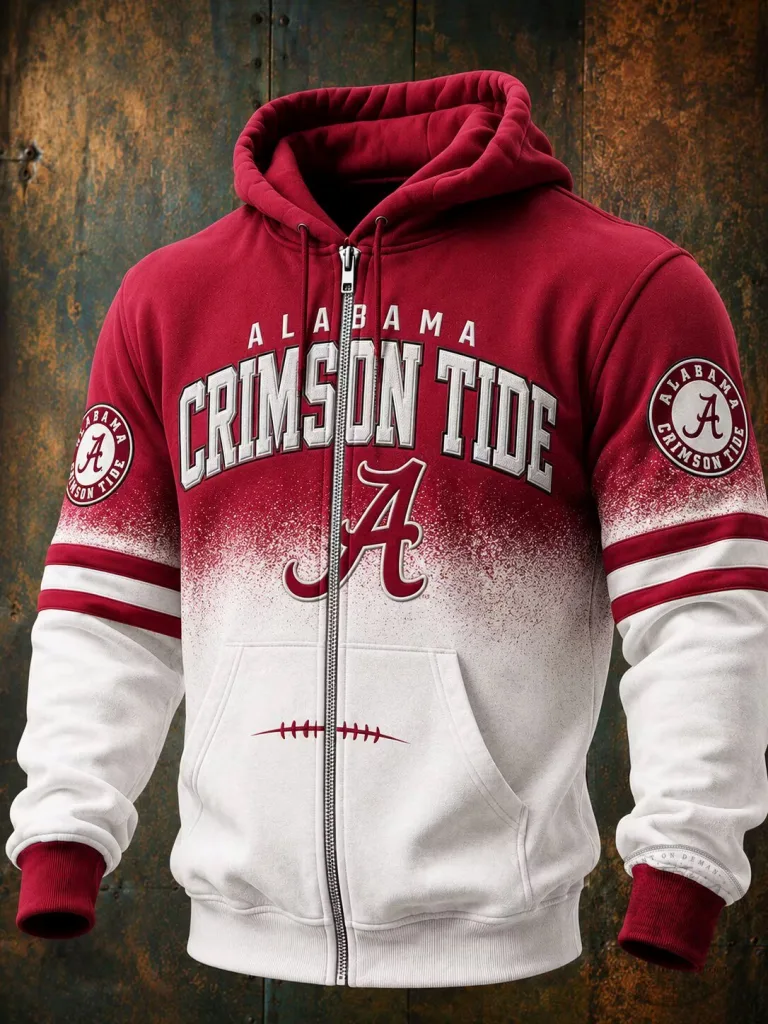 Alabama Crimson Tide Football Team Red and White Full Zip Hoodie