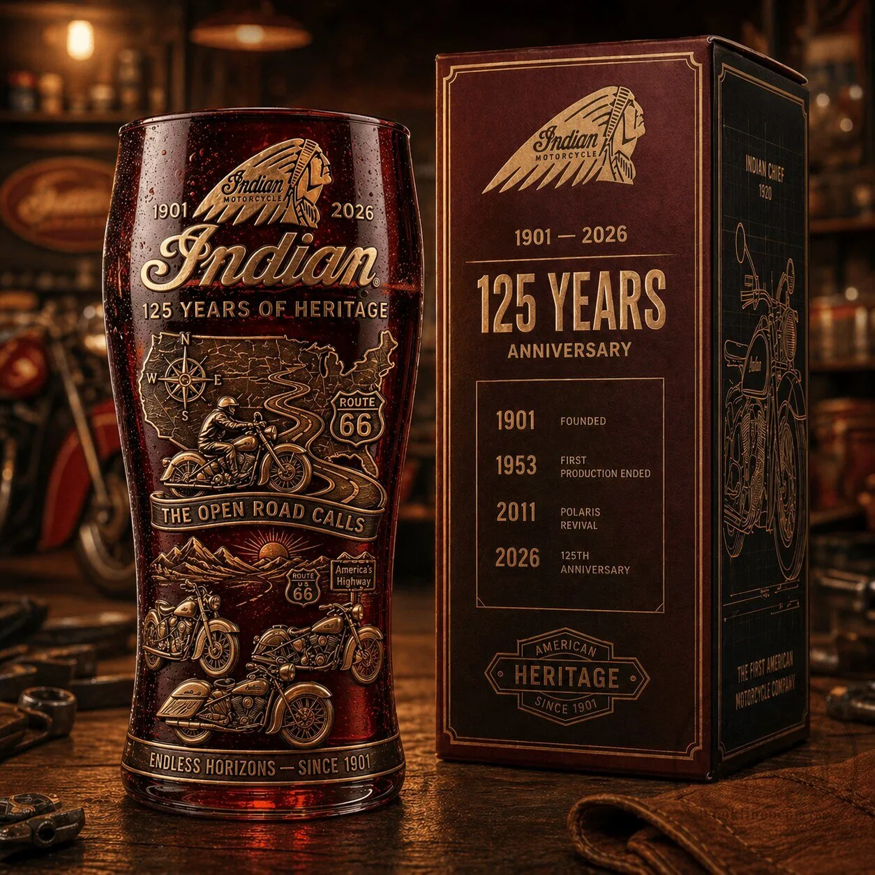 Indian Motorcycle 125th Anniversary Beer Glass with Route 66 and Open Road Calls Design