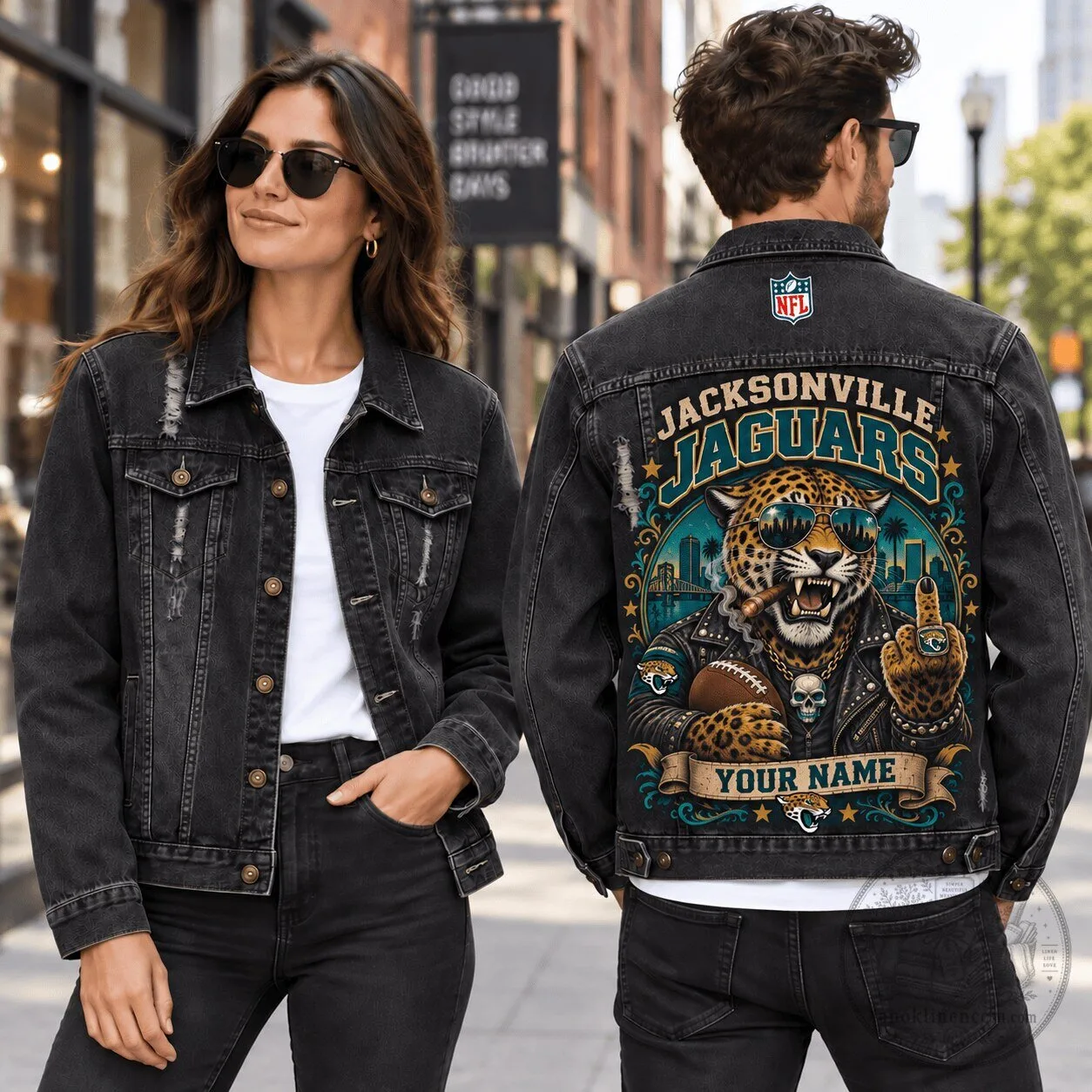 Jacksonville Jaguars Football Team Custom Name Distressed Denim Jacket