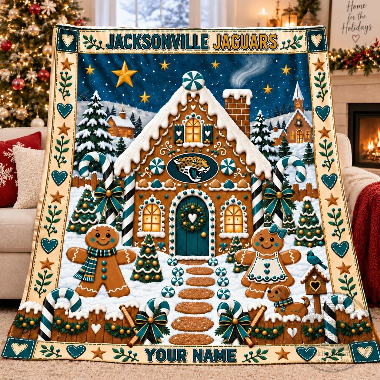 Jacksonville Jaguars Gingerbread House Christmas Holiday Fleece Blanket