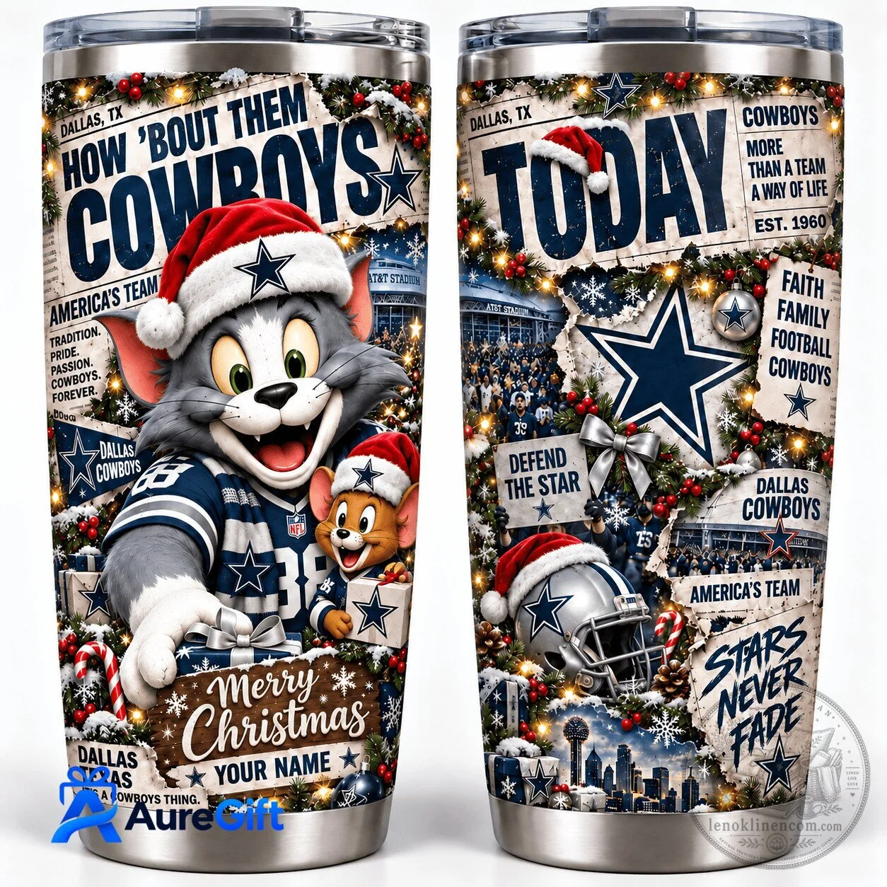 Dallas Cowboys Tom and Jerry Christmas Kickoff Personalized Stainless Steel Tumbler