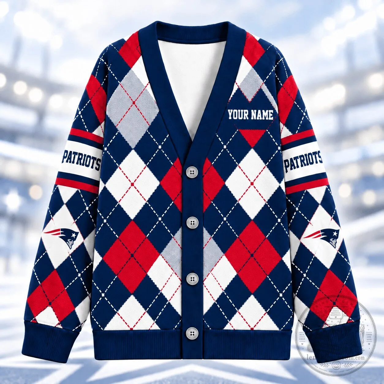 New England Patriots Argyle Custom Name V-Neck Knitted Cardigan
