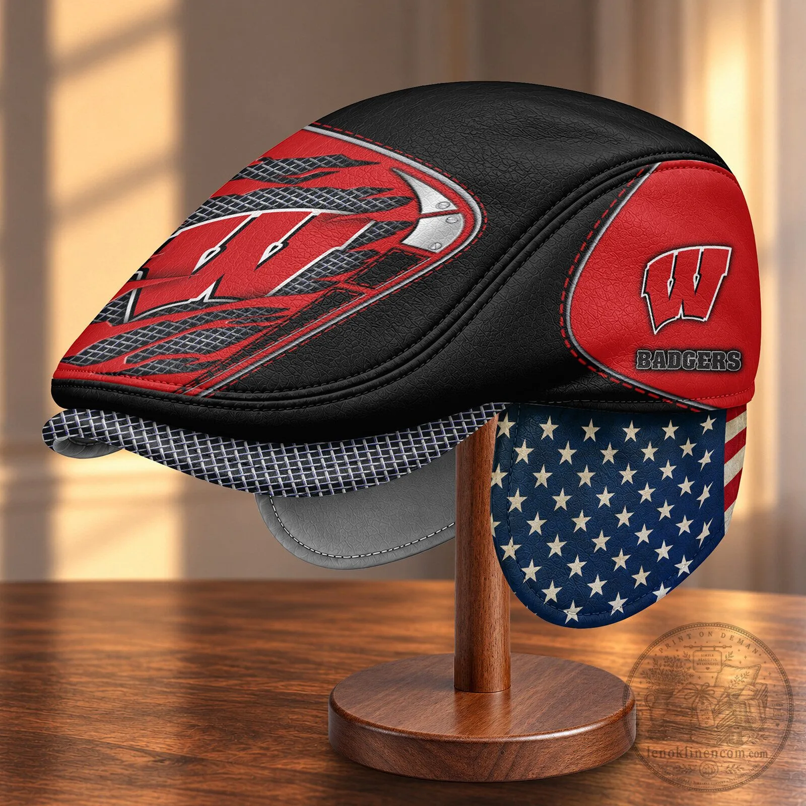 Wisconsin Badgers American Flag Pattern Flat Cap with Foldable Ear Flaps