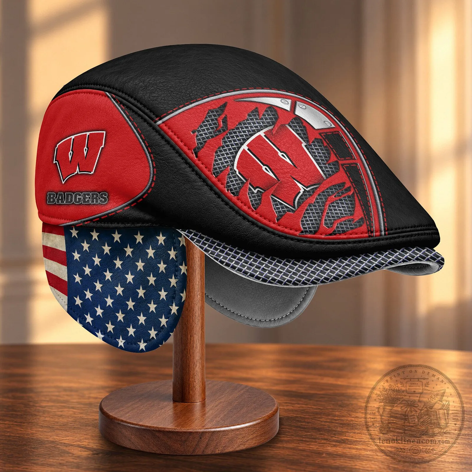 Wisconsin Badgers American Flag Pattern Flat Cap with Foldable Ear Flaps 6 Wisconsin Badgers American Flag Pattern Flat Cap with Foldable Ear Flaps