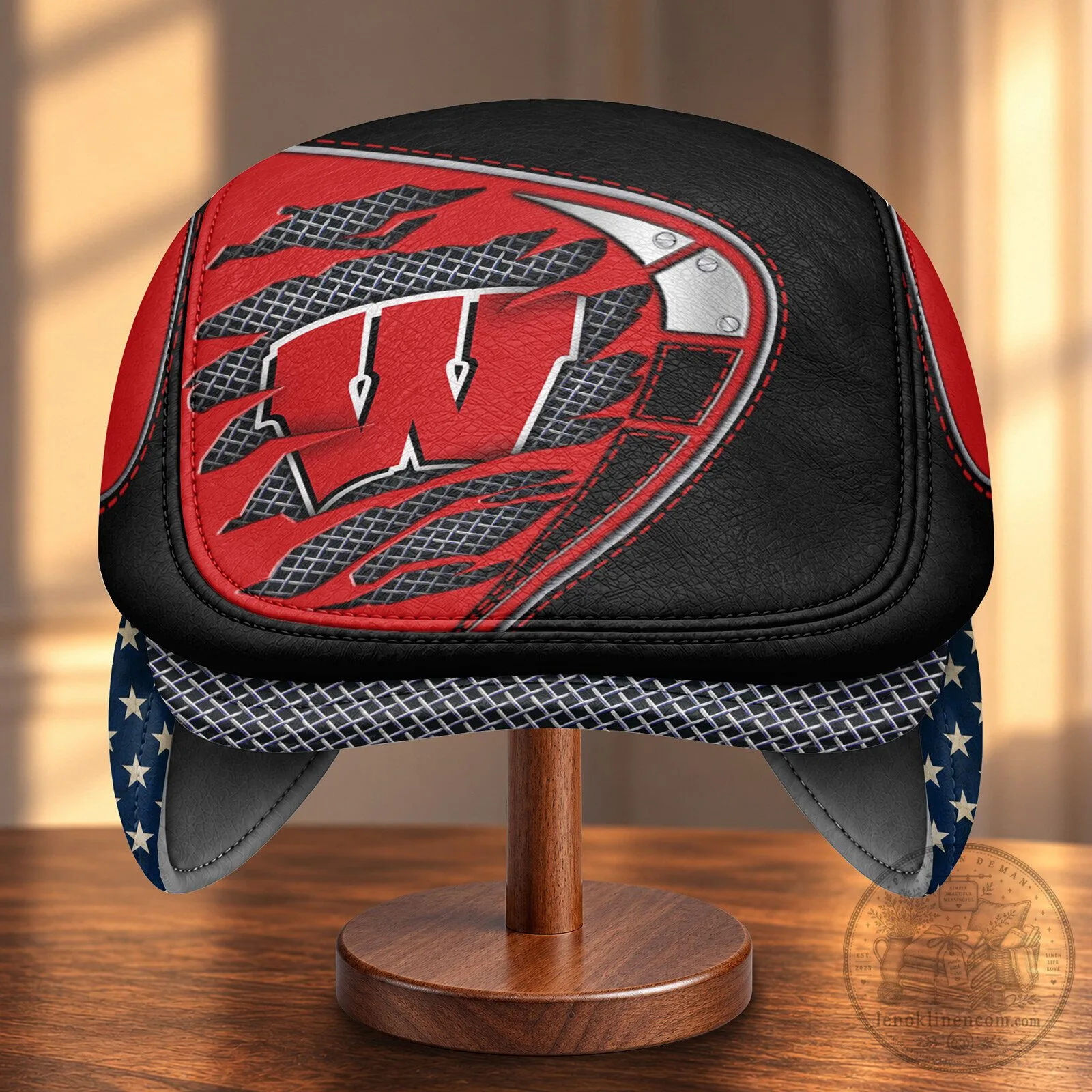 Wisconsin Badgers American Flag Pattern Flat Cap with Foldable Ear Flaps 7 Wisconsin Badgers American Flag Pattern Flat Cap with Foldable Ear Flaps