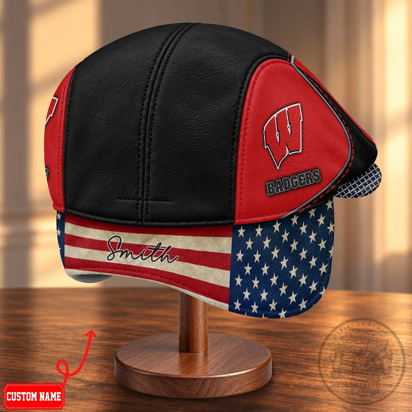 Wisconsin Badgers American Flag Pattern Flat Cap with Foldable Ear Flaps 8 Wisconsin Badgers American Flag Pattern Flat Cap with Foldable Ear Flaps