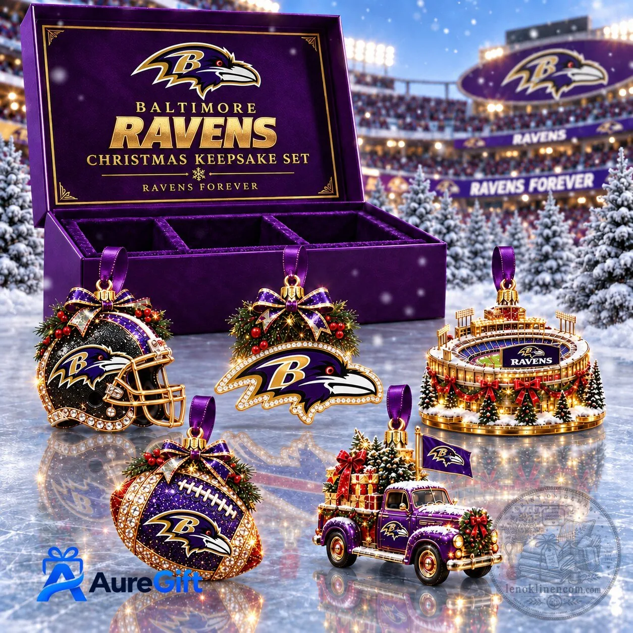 Baltimore Ravens NFL Christmas Keepsake Set Football Helmet Stadium Truck Ornaments