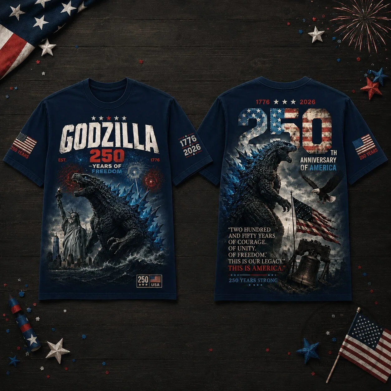 Fourth of July Godzilla 250 Years of Freedom Anniversary T-Shirt