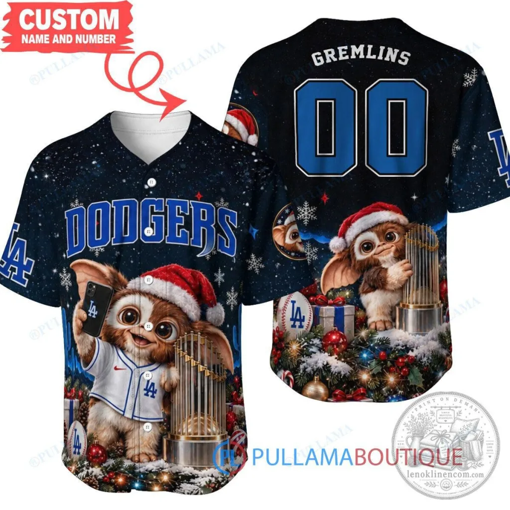 Los Angeles Dodgers Gremlins Christmas World Series Trophy Baseball Jersey Los Angeles Dodgers Gremlins Christmas World Series Trophy Baseball Jersey
