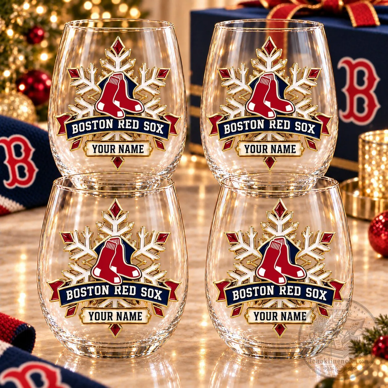 Boston Red Sox Personalized Christmas Snowflake Stemless Wine Glass Set