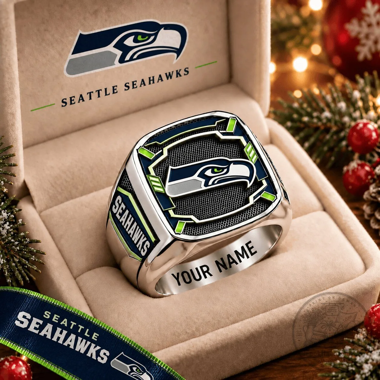 Seattle Seahawks Football Team Logo Custom Name Silver Ring for Men