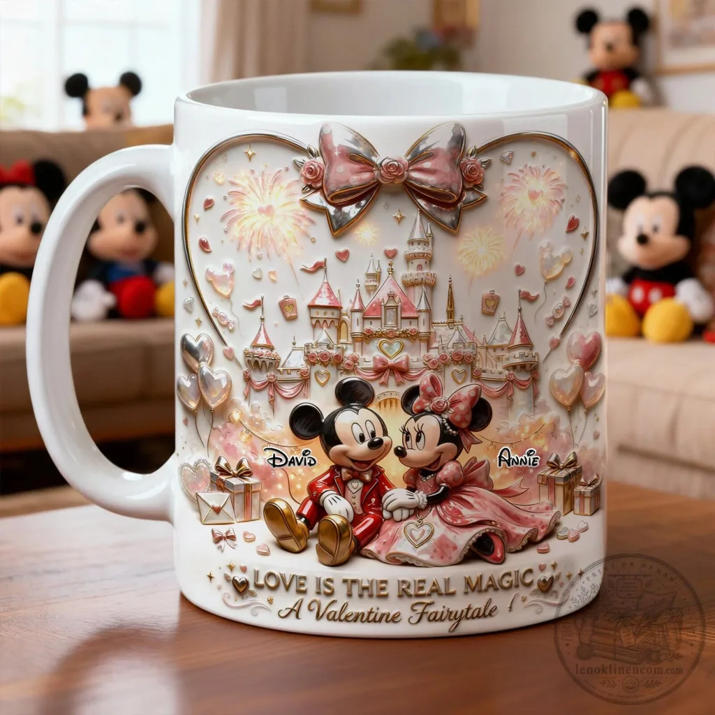 Personalized Mickey and Minnie Mouse Valentine's Day Castle Fireworks Coffee Mug