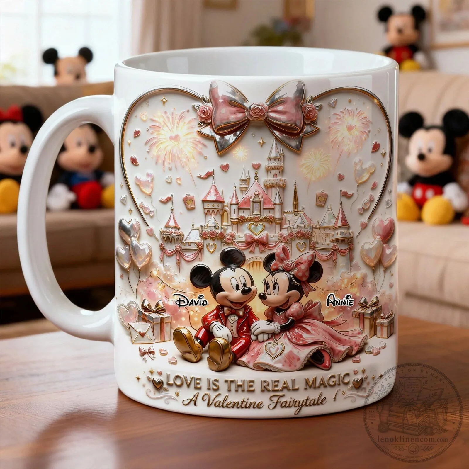 Personalized Mickey and Minnie Mouse Valentine's Day Castle Fireworks Coffee Mug