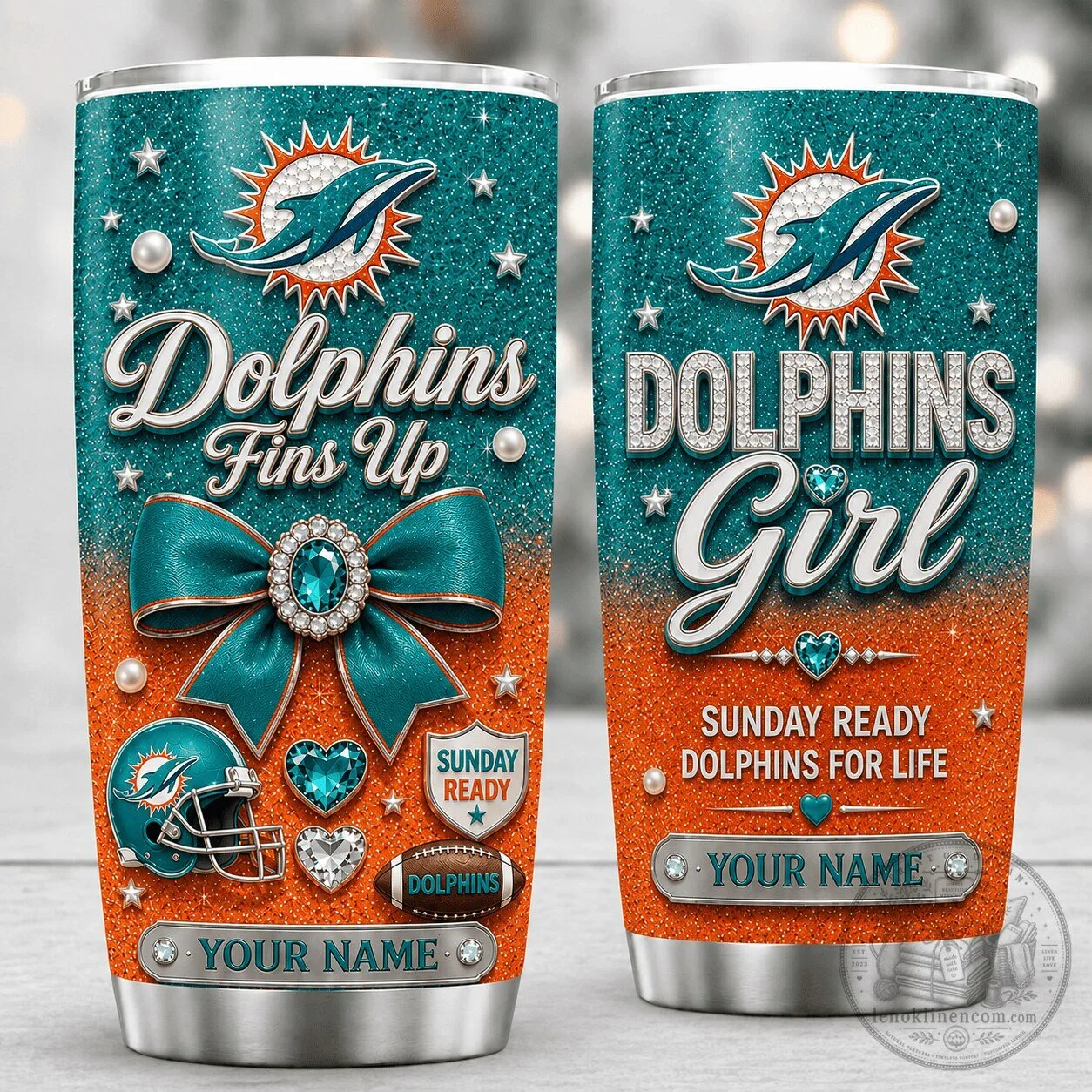 Miami Dolphins Fins Up Sunday Ready Personalized Glitter Tumbler
