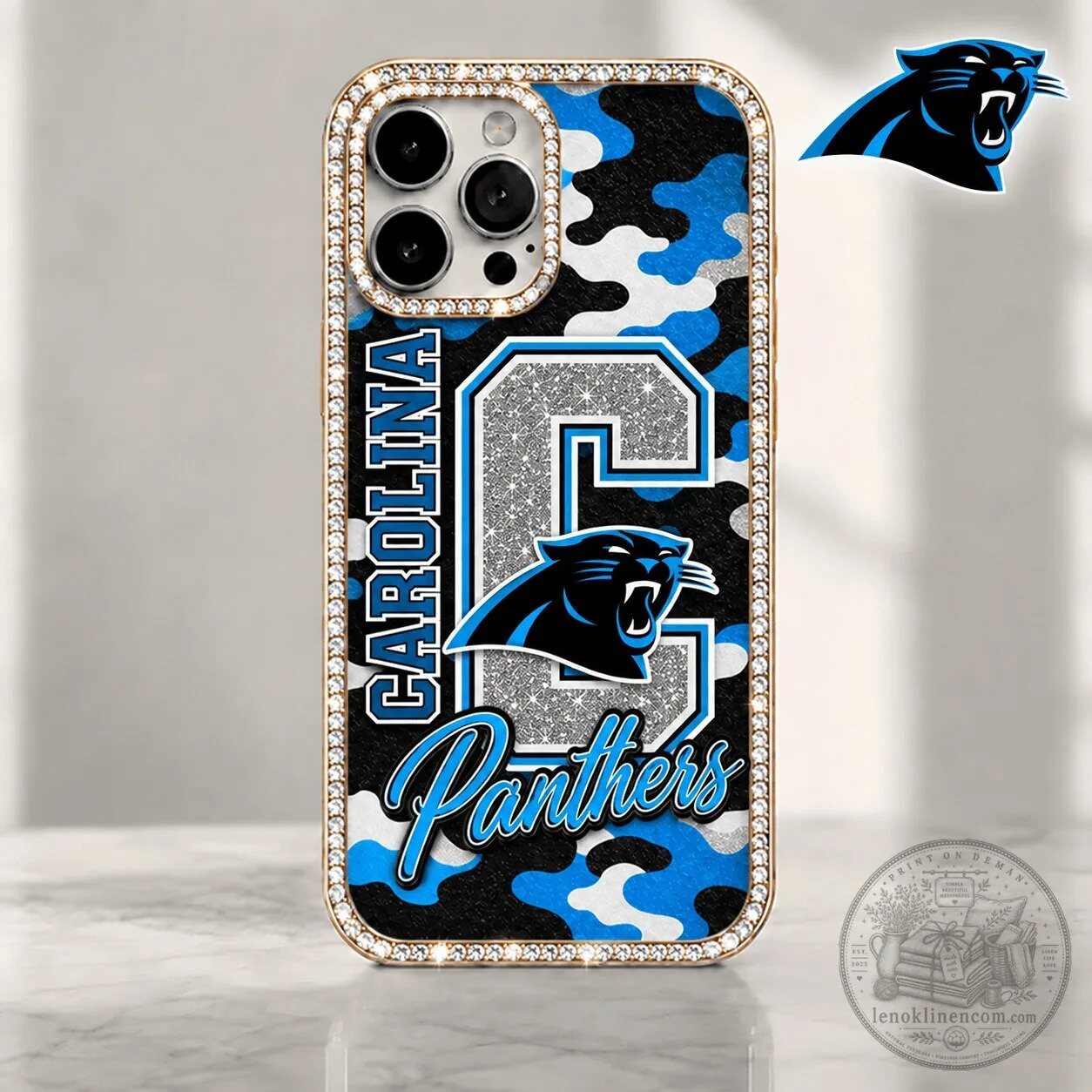 iPhone Case with Bling Design in Carolina Panthers Blue Camouflage