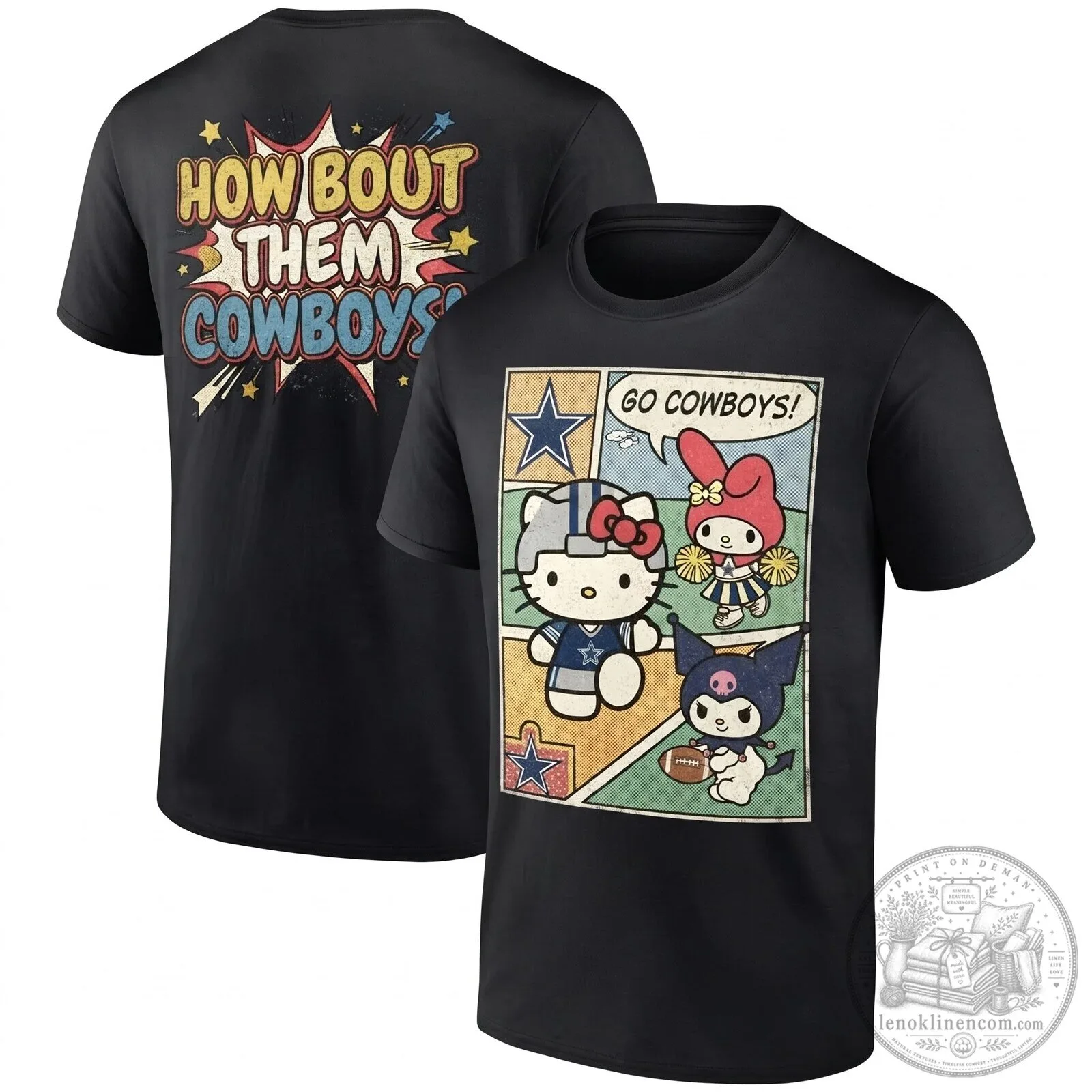 Black T-Shirt featuring Dallas Cowboys, Hello Kitty, My Melody, and Kuromi Comic Strip