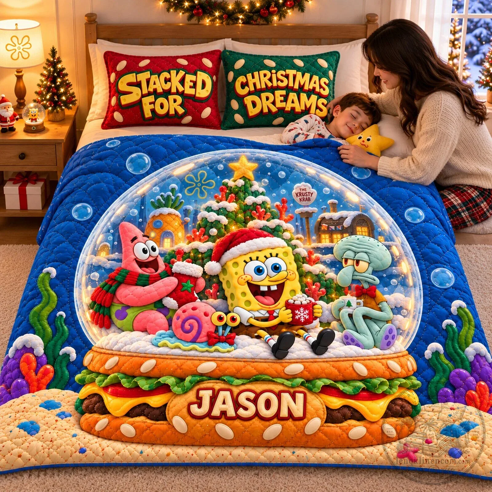 SpongeBob SquarePants Christmas Snow Globe Personalized Quilted Blanket