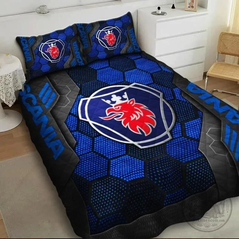 Scania Truck Logo Blue Hexagon Pattern Quilted Bedding Set with Pillow Shams