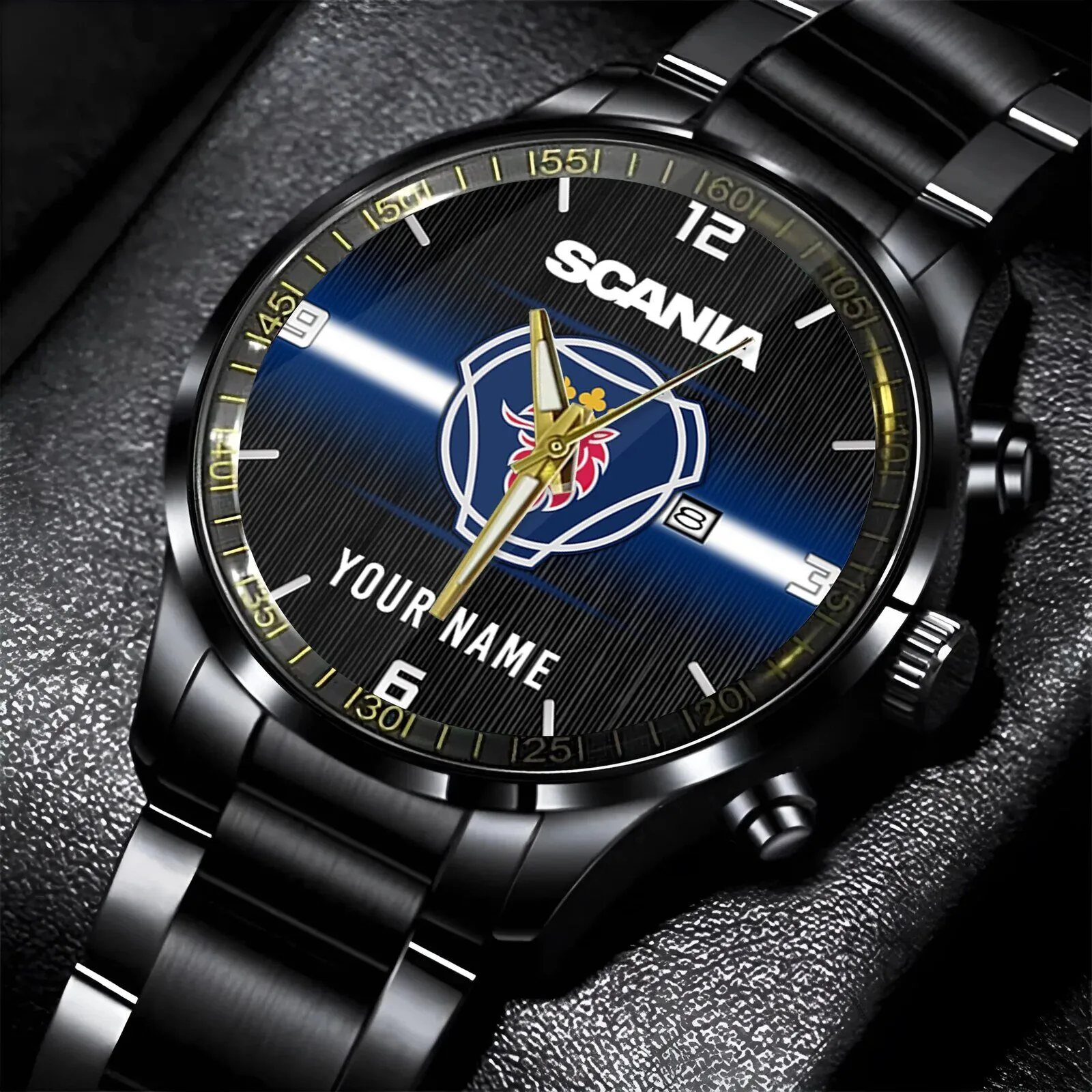 Scania Personalized Black Stainless Steel Wristwatch for Truck Enthusiasts