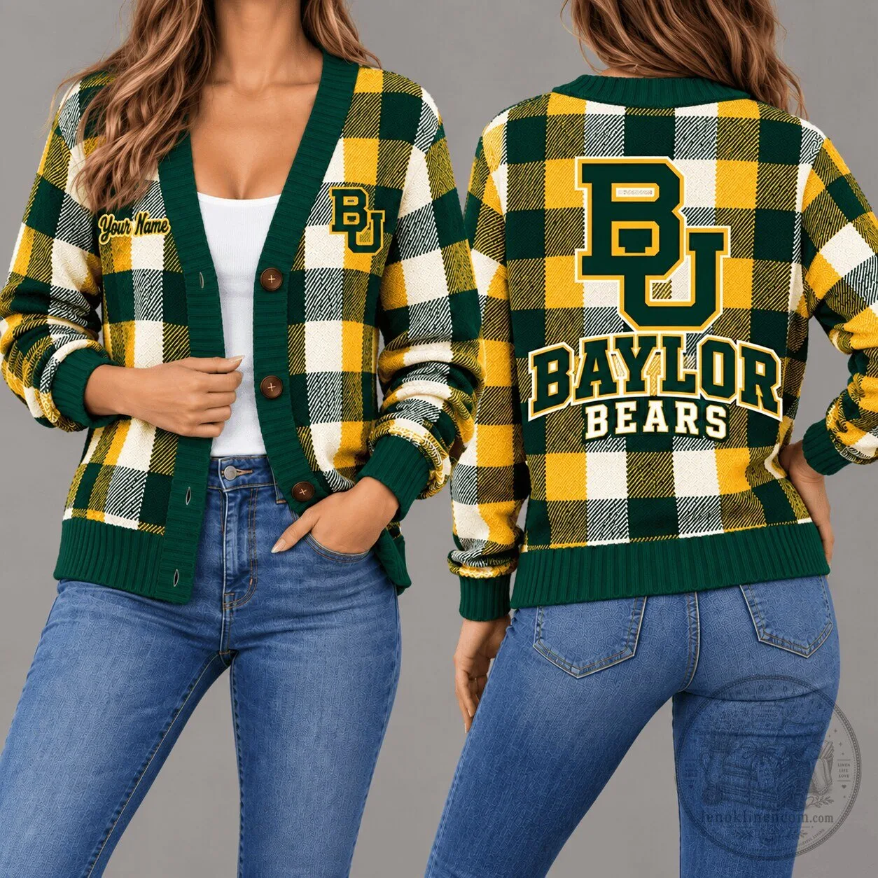 Baylor Bears Plaid Pattern Personalized Green and Gold Cardigan Sweater