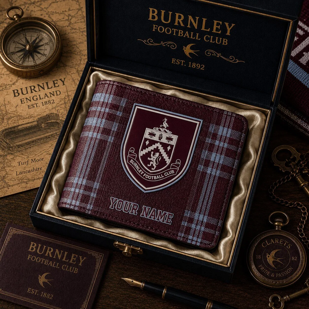 Burnley Football Club Custom Name Claret and Blue Plaid Bi-Fold Wallet