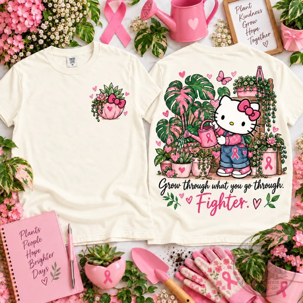 Hello Kitty Breast Cancer Awareness Plant Mom Grow Through It Fighter T-Shirt 44 Hello Kitty Breast Cancer Awareness Plant Mom Grow Through It Fighter T-Shirt