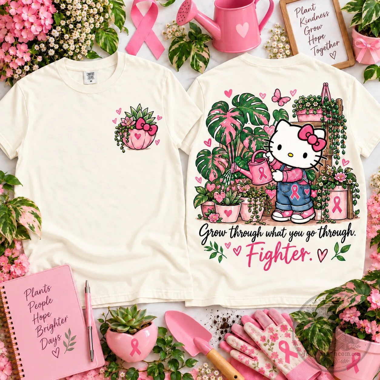 Hello Kitty Breast Cancer Awareness Plant Mom Grow Through It Fighter T-Shirt