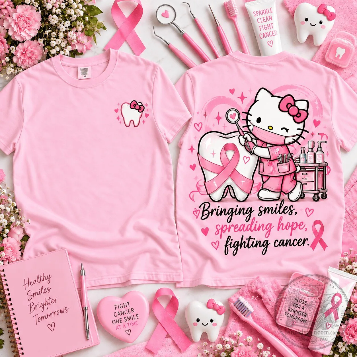 Hello Kitty Dental Hygienist Pink Ribbon Breast Cancer Awareness T-Shirt