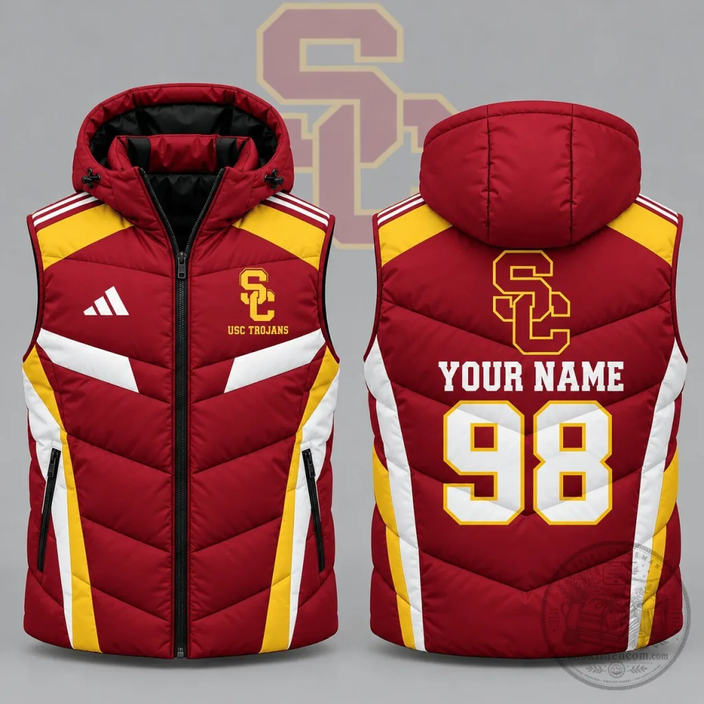 USC Trojans Personalized Red and Gold Hooded Puffer Vest USC Trojans Personalized Red and Gold Hooded Puffer Vest