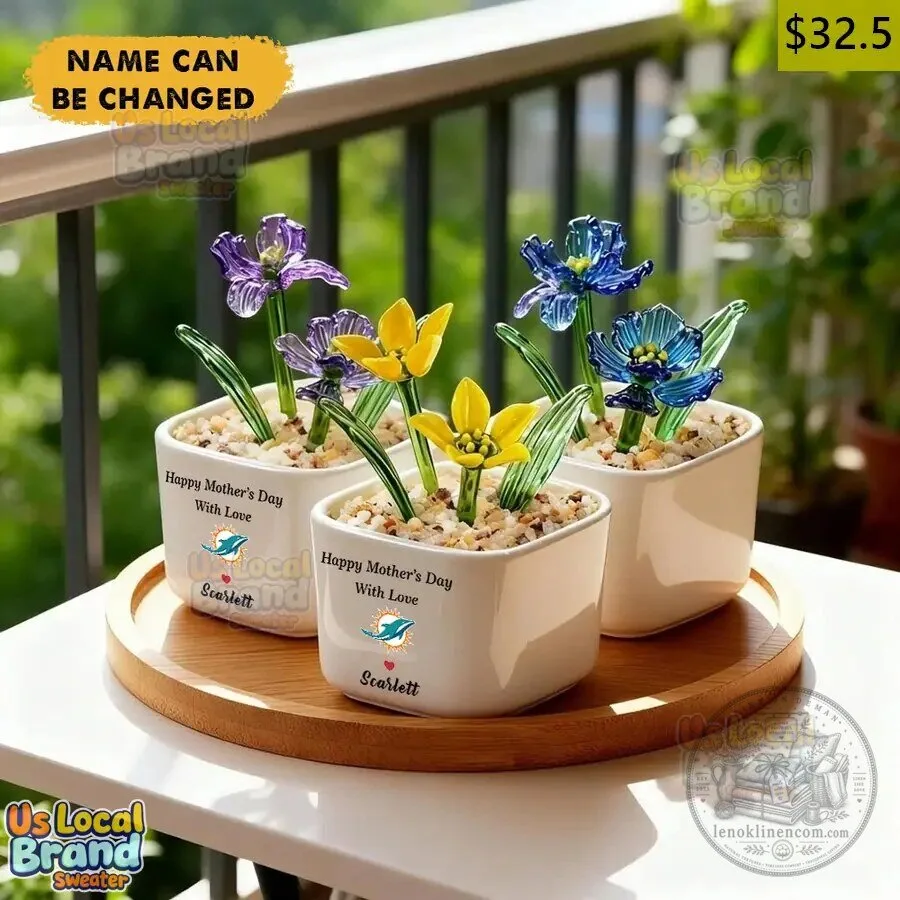 Miami Dolphins Birth Flower Glass Pot Personalized Mother's Day Gift