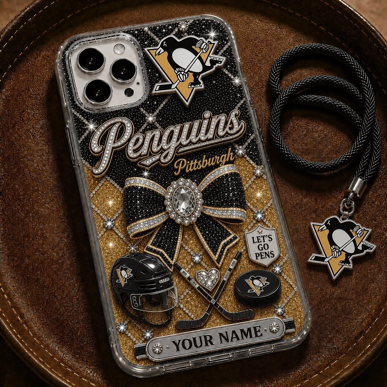 Pittsburgh Penguins Personalized Black and Gold Bling Phone Case with Strap