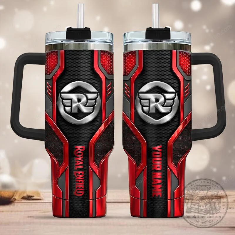 Royal Enfield Motorcycle Logo Red Black Custom Name Insulated Tumbler