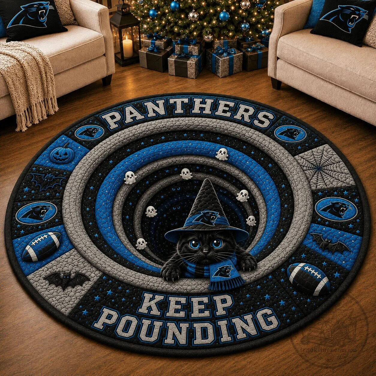Carolina Panthers Halloween Black Cat Keep Pounding Round Area Rug