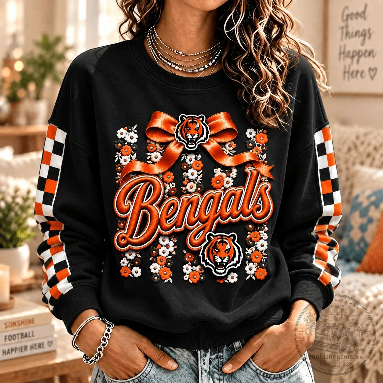 Cincinnati Bengals Football Team Floral Bow Black Sweatshirt 1 Cincinnati Bengals Football Team Floral Bow Black Sweatshirt