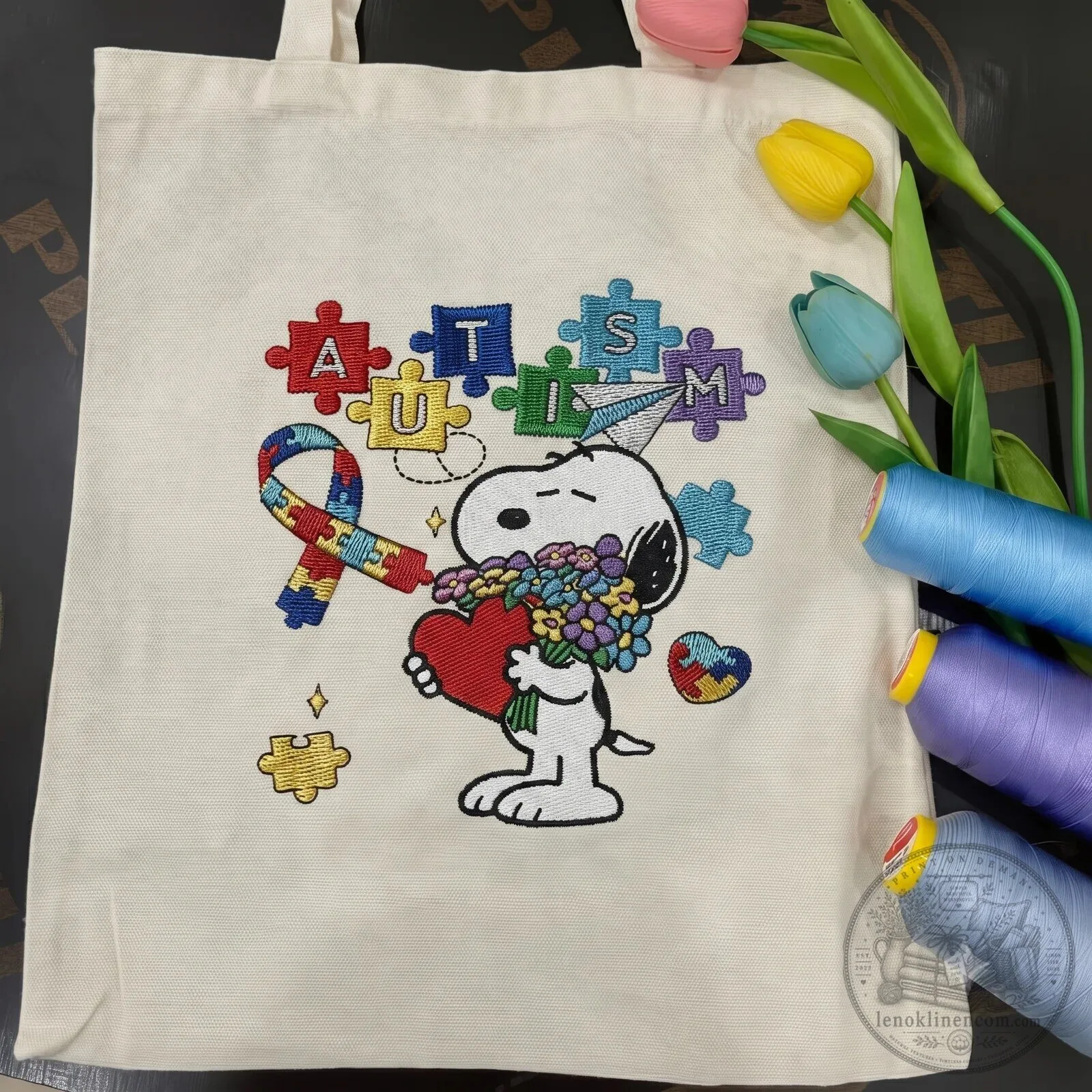 Snoopy Autism Awareness Embroidered Canvas Tote Bag with Puzzle Pieces