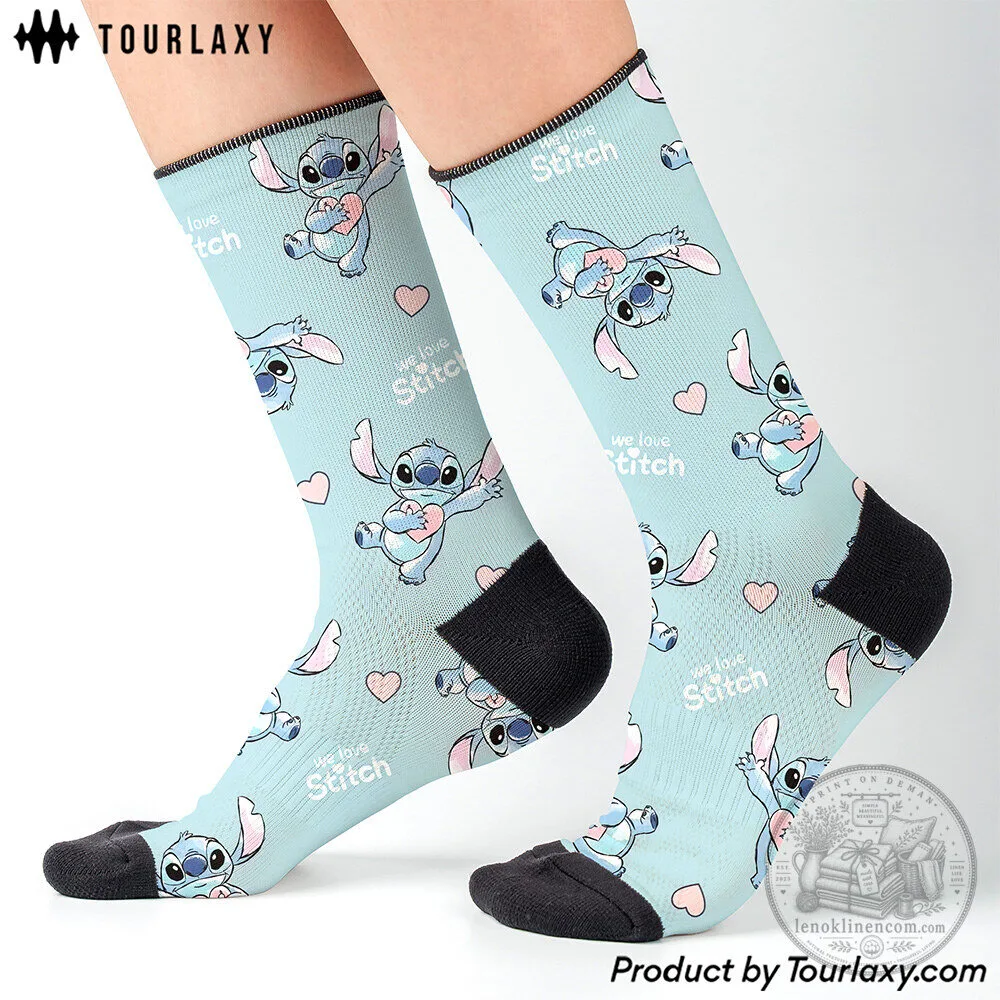 Lilo and Stitch We Love Stitch Cute Hearts Pattern Blue Crew Socks 5 Lilo and Stitch We Love Stitch Cute Hearts Pattern Blue Crew Socks