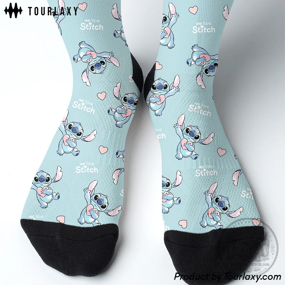 Lilo and Stitch We Love Stitch Cute Hearts Pattern Blue Crew Socks 6 Lilo and Stitch We Love Stitch Cute Hearts Pattern Blue Crew Socks