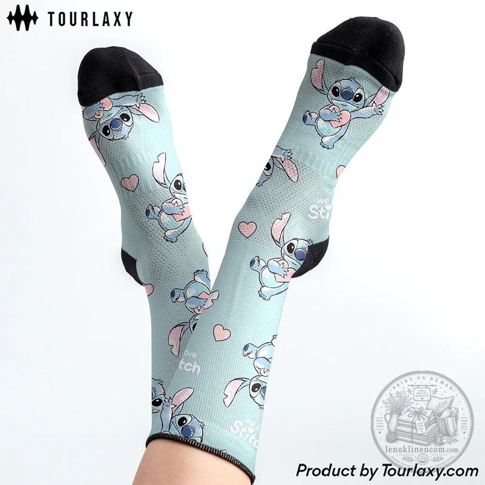 Lilo and Stitch We Love Stitch Cute Hearts Pattern Blue Crew Socks 7 Lilo and Stitch We Love Stitch Cute Hearts Pattern Blue Crew Socks