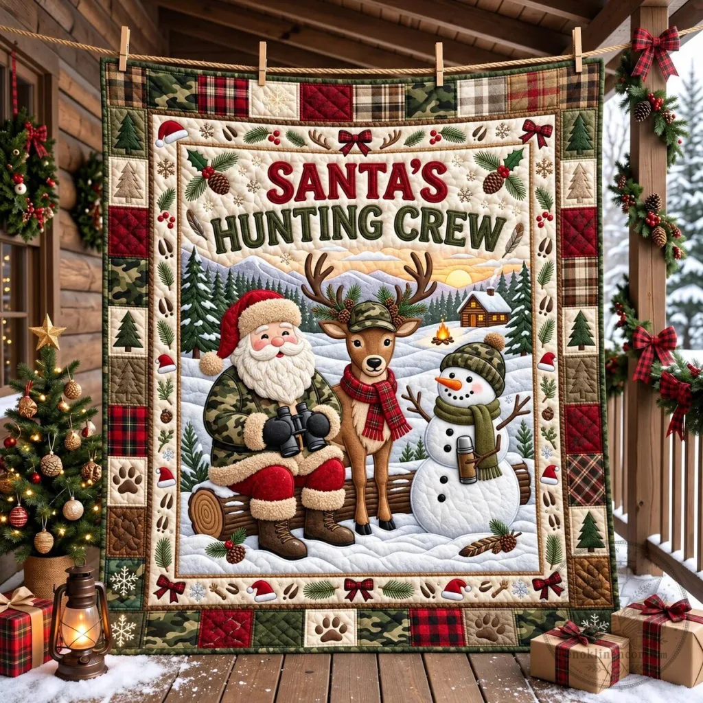 Santa's Hunting Crew Christmas Quilted Blanket Santa's Hunting Crew Christmas Quilted Blanket