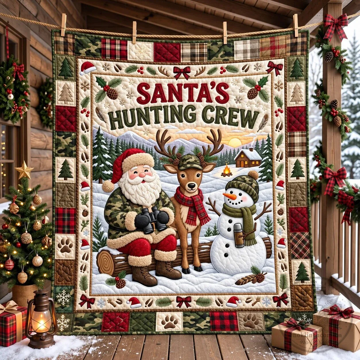Santa's Hunting Crew Christmas Quilted Blanket