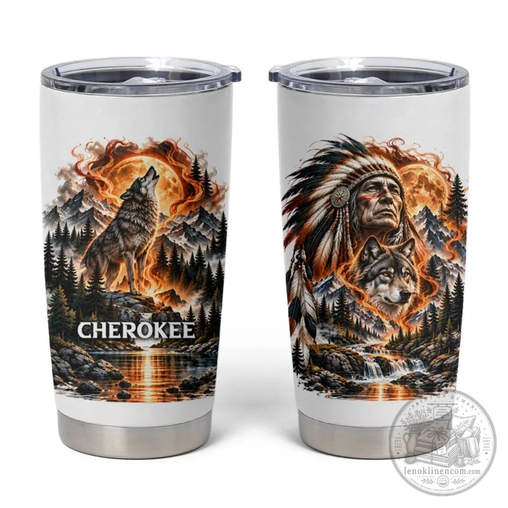 Cherokee Wolf and Native American Chief Tribal Nature Landscape Tumbler