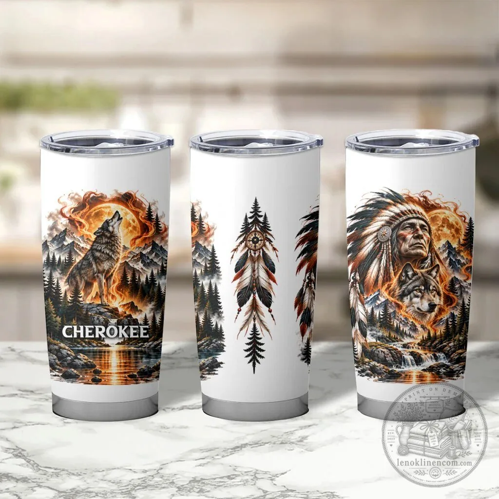 Cherokee Wolf and Native American Chief Tribal Nature Landscape Tumbler 8 Cherokee Wolf and Native American Chief Tribal Nature Landscape Tumbler